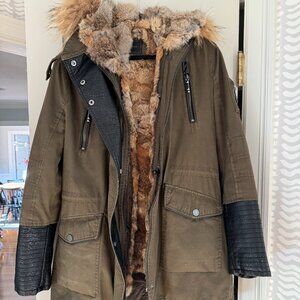 bcbgmaxazria faux fur hooded jacket with moto sleeve detail